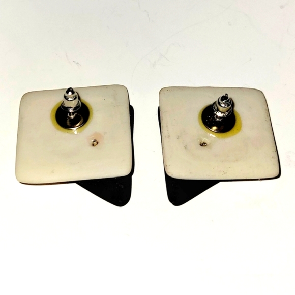 Ceramic Geometric Black & Ivory w/Brushed Silver Stud Earrings, Handmade - Picture 5 of 6
